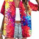 80s 90s Outfits for Women Disco Outfit Neon Shirts Retro Themed Party Hawaiian Button Down Short Sleeve Blouse Tops (Small, Red)