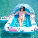 Inflatable Pool Float with Canopy, Heavy-Duty XL Cooling Lounger Float for Adults with Removable Shade, Cup Holder & Pillow, Tanning Pool with Shade Used for Pool, Lake and Beach