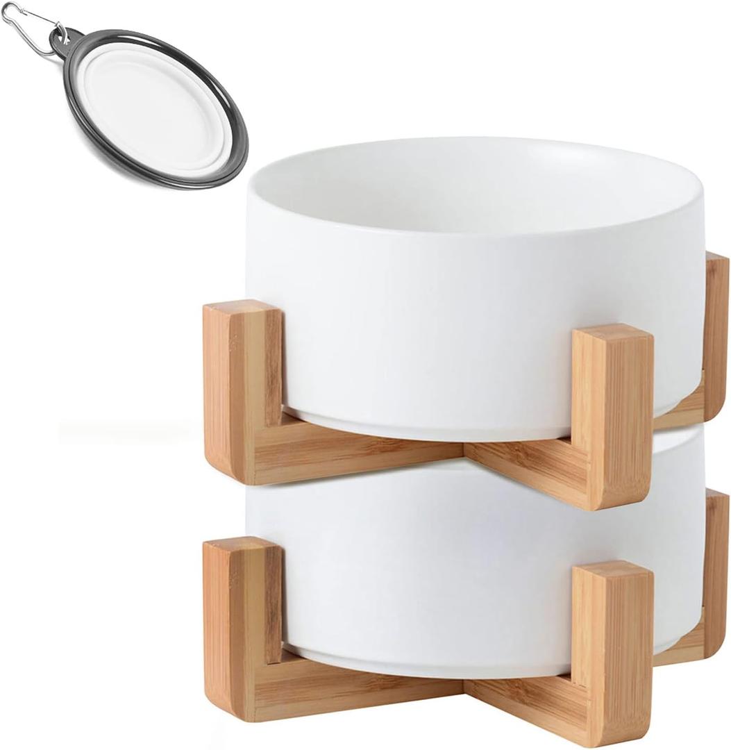Ceramic Dog Cat Bowl Set with Stand, Pet Dog Food and Water Dish,Medium Pet Bowls Anti Slip Set of 2 Cat Bowls-White Pet Food Bowl- Small Medium Size Pet (28 OZ /3.6 Cups)