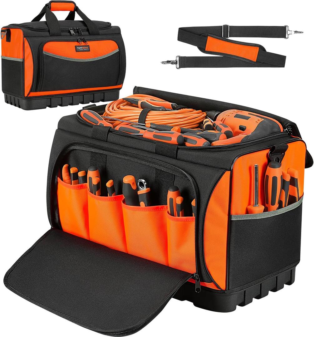 Heavy Duty Tool Bag, Large Tool Bags 20inch, 18 Pockets, 19.6x 12.9x 11.8 inch, Heavy Duty 600D Fabric, Black and Orange