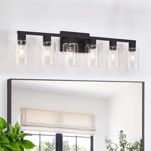Black Bathroom Light Fixtures, 6-Light Bathroom Lighting Fixtures Over Mirror with Clear Glass Shade, Matte Black Vanity Lights, 6 Light Count Large Vanity Light Fixture for Bath, Mirror,Wall Sconce