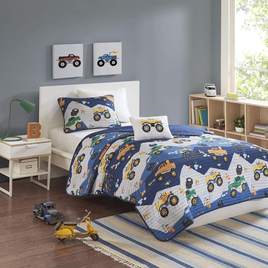 Intelligent Design Kids Boys Monster Truck Blue Queen Quilt Set, 4pc, Full/Queen