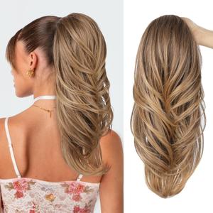 SEIKEA Versatile Drawstring Ponytail Extension, 18" Long Wavy Multi Layered Clip in Ponytail Hair Extensions Stand Up High Fake Pony Tail Soft Natural Synthetic Hairpiece for Women Brown to Blonde