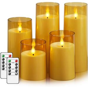 Fo32won Amber LED Flameless Pillar Candles Battery Operated with Remote and Timer, Set of 5 (D 3"H 4" 5" 6" 8" 8") Decorative Plexiglass Flickering Candles with 3D Flame (Two Batteries Operated)