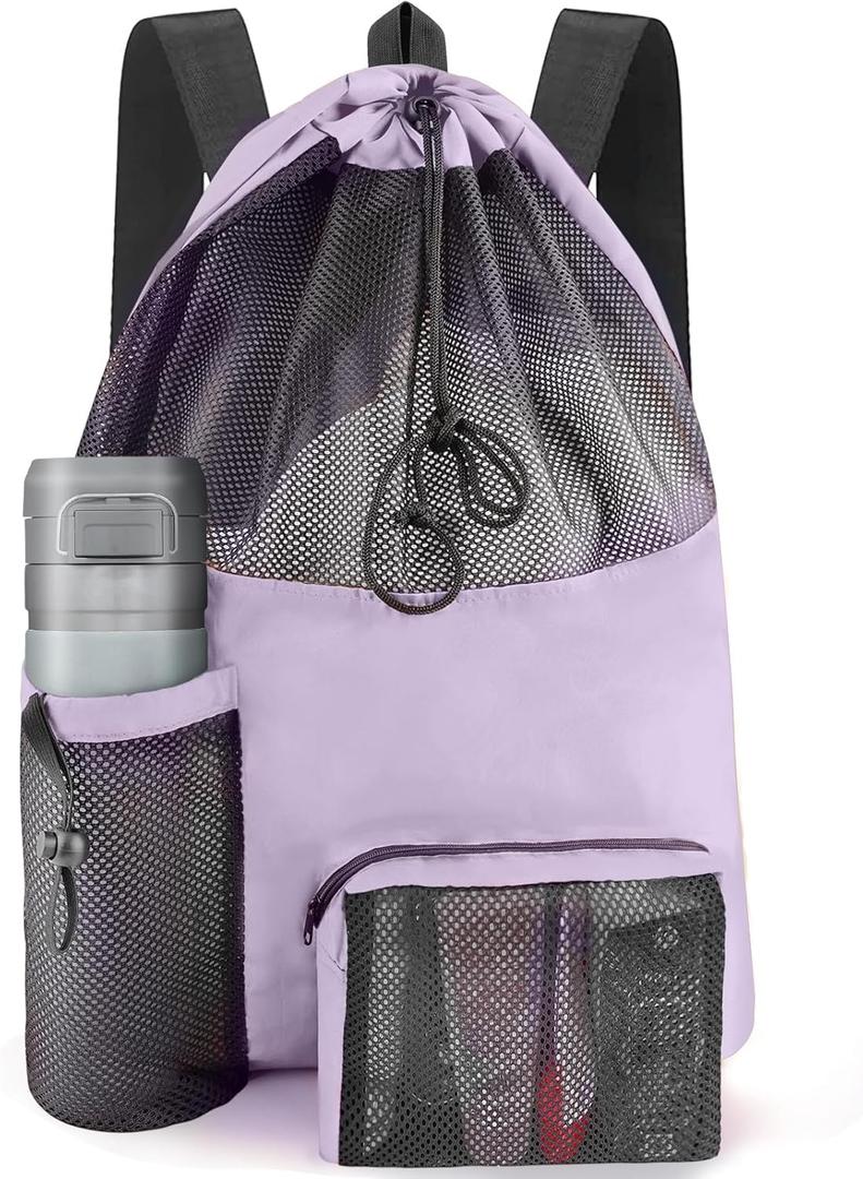 HOHOM Swim Mesh Beach Bag, Waterproof Gym Bags for Women and Men, Large Pool Bag Swimming Gear Drawstring Backpack (Lavender)