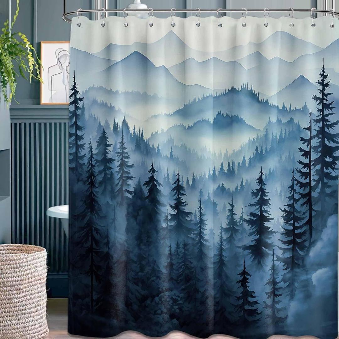 Mountain Shower Curtain Sets, Navy Blue Shower Curtains for Bathroom, Nature Woodland Forest Waterproof Pine Tree Bathroom Decor for Men, Polyester Fabric with Hooks, 72x72 in