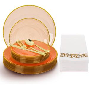 N9R 180PCS Orange Plastic Plates with Gold Trim, Disposable Party Dinnerware Set for 30 Guests, Include 30 Dinner and Salad Plates, Napkins, Forks, Spoons, Knives, Perfect for Wedding, Dinner Party