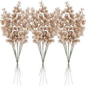 Sea Team 24-Pack Artificial Glitter Holly Berry Twig Ornaments, Decorative Fruit Sticks, Glittery Stems, Picks, Branches for Christmas Tree, Small Vase, Holiday, Wedding, Party (11", Champagne)