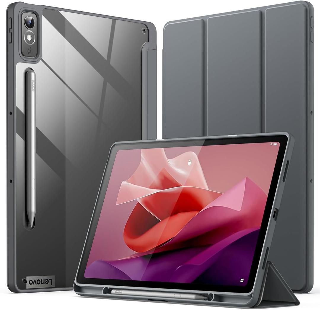 JETech Case for Lenovo Tab P12 12.7-Inch (2023 Model, TB370FU / TB371FU) with Stylus Holder, Clear Hard PC Back, Protective Tri-Fold Stand Slim Tablet Cover, Auto Wake/Sleep (Dark Gray)
