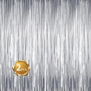 BEISHIDA 2 Pcs Silver Door Streamers Tinsel Curtain Party Streamers Backdrop Fringe Foil Wall Background for Birthday Halloween Christmas Wedding Party Decoration(3.28 ft x 6.56 ft)