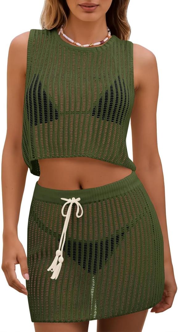 Fisoew Womens 2 Piece Crochet Sets Sleeveless Crop Tops Cover Up Beach Mini Skirt Outfits Vacation Sets (Green, M)
