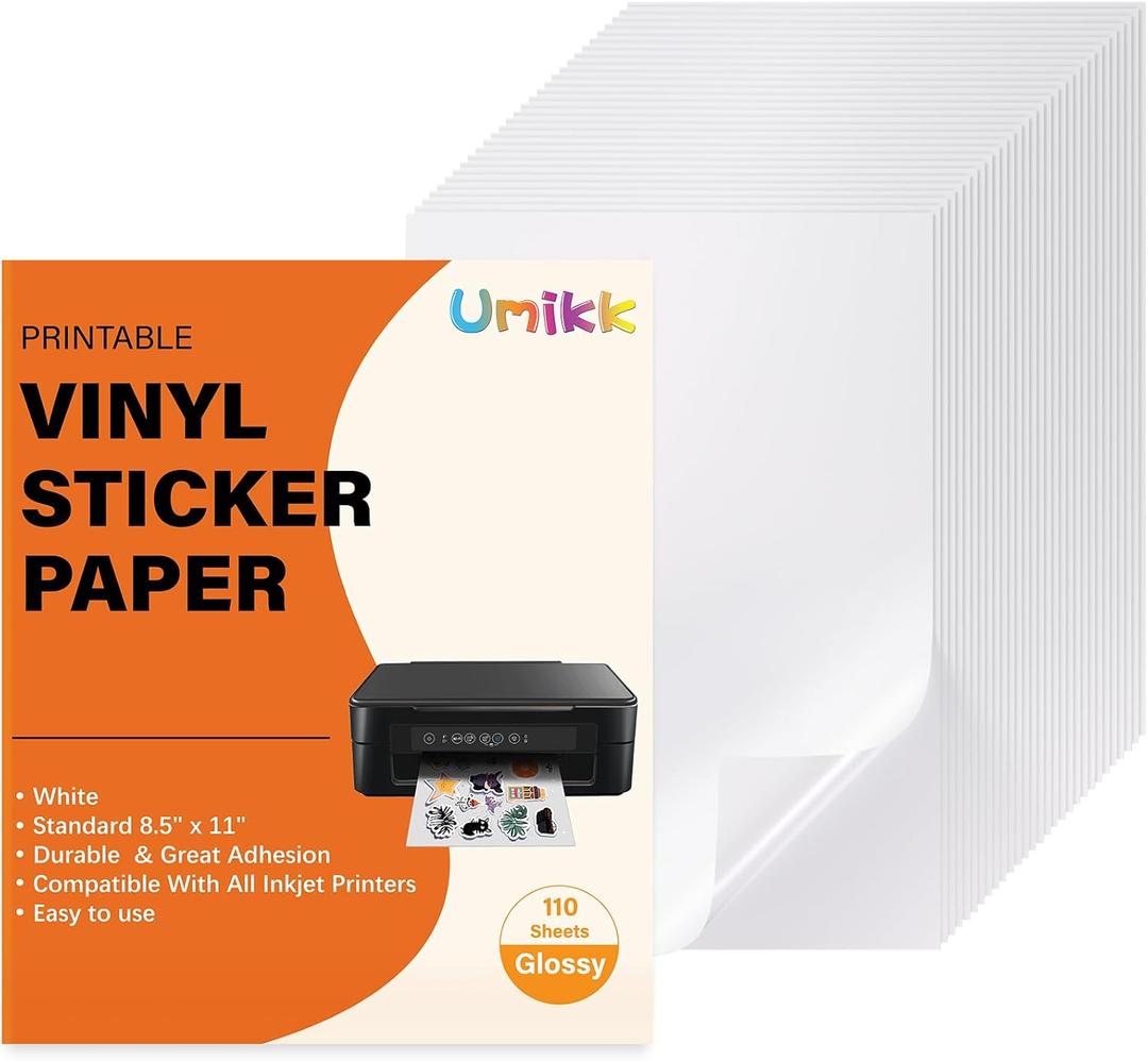Umikk Printable Vinyl Sticker Paper 110 Sheets -Glossy White Sticker Paper Waterproof, Sticker Printer Paper for Inkjet Printer & Laser Printer, Size 8.5" x 11" A4 Printer Paper
