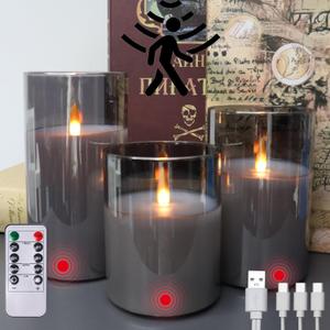 Flameless Candle Night Light, Motion Sensor Auto Switch On/Off, Rechargeable LED Glass Night Light with Remote Control and Timer Function, Ideal Kids Adults Nightlight for Bedroom, Bathroom, Hallway