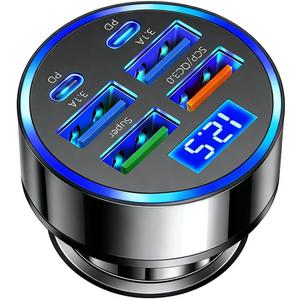 USB C Car Charger Adapter with Voltmeter Compatible with iPhone 16 15 14 13 12 11, Android, Samsung, 120W 6 in 1 Multi-Port Super Fast Charging Cigarette Lighter USB Charger