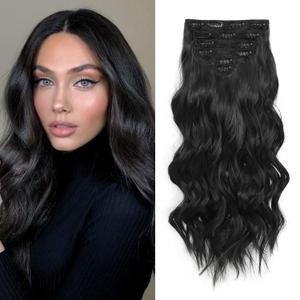 Synthetic Clip in Hair Extensions, 6 PCS 1 6 Inch Hair Extensions Clip Ins, Black Long Wavy Hairpieces(16inch, 6pcs, Black)