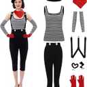 Women Mime Costume French Pantomime Artist Outfit Vest Pants Beret Scarf Dumb Show Halloween Cosplay Suit, S