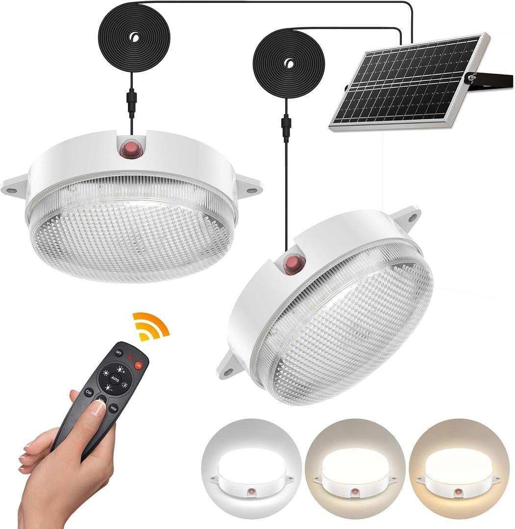 Solar Ceiling Lights 2 Pack, Daytime & Night 3200K/4000K/6000K Dimmable Shed Lights with On/Off Switch & Remote, 120LED*2 Solar Lights Outdoor & Indoor for Home Barn Shop Carpot Chicken Coop