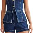 Womens Denim 2 Piece Set Sleeveless Button Down Vest Tops Short Pants Suit Sets L