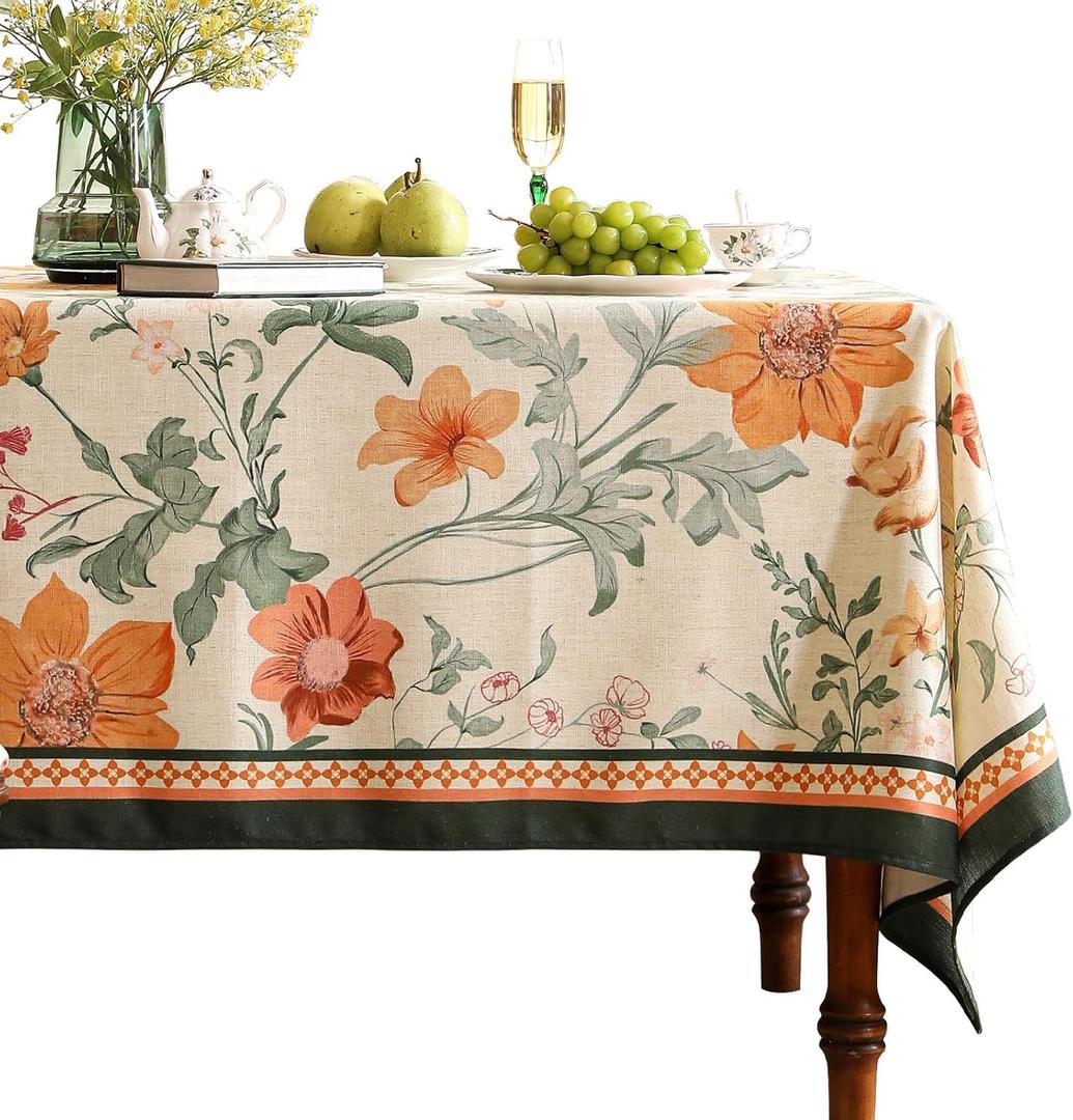 French Small Tablecloth for Rectangle Table, Linen Orange Floral Wrinkle Resistant Tablecloths, Decorative Table Cover for Kitchen, Dining, Tea Party,Thanksgiving,Christmas,55"*71"-Milch