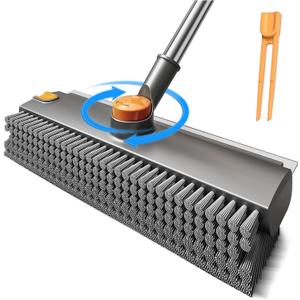 3-in-1 Floor Scrub Brush with Long Handle, Scrape and Heavy-Duty Stiff Bristle Floor Scrubber Brush with Squeegee and Tweezer for Cleaning Tile Kitchen Wall Deck Bathroom Patio Garage