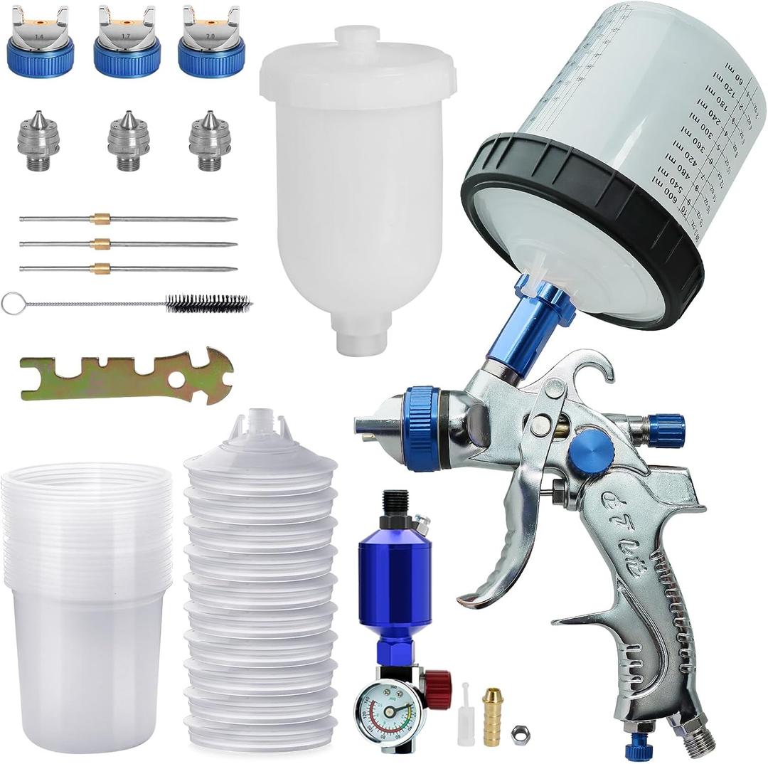 HVLP Spray Gun with 10Pcs 600ML Disposable Paint Cups, 3 Nozzles,1.4/1.7/2.0mm, Automotive Gravity Feed Paint Spray Gun Kit with Oil Separatorr for Cars & DIY Furniture Painting
