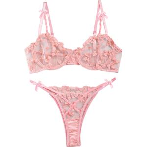 Lilosy Sexy Underwire Cute Push Up Strappy Embroidered Mesh Sheer Lingerie Set See Through Panty Bra (Small, Bow Pink)