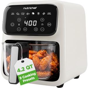 NutriChef 4.2QT Glass Air Fryer | 9-in-1 Preset Cook Modes | Glass Fry Bowl for Best CookingResults | Cook Steak, Chicken, Fish, Veggies, Fries & More | Temperature & Timer Control | White