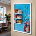 Weysat 36 x 24 Inch Framed Wood Pegboard Wall Organizer, Large Blue Decorative Peg Board Kit with 3 White Shelves and 18 Accessories, Wall Mounted Craft Storage Display for Room, Office, Sewing Room, 38.19 x 25.2 x 2.95 inches