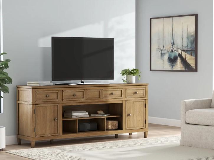 Compact 33.38" TV Media Stand and Living Room Console Table - Natural Wood Finish