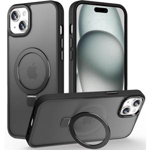 Magnetic for iPhone 15 Case with Invisible Stand, [10 FT Drop Protection] [Velvety Touch] Slim Translucent Matte Back Shockproof Phone Case for iPhone 15 6.1'', Space Black