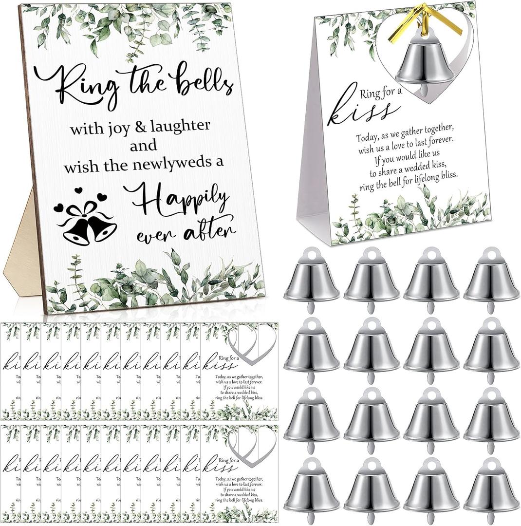 Tandefio 50 Sets Wedding Party Favors Including 1 Ring The Bells Wood Sign 50 Mini Silver Kissing Bells with 50 Seating Place Cards and Twist Ties Wedding Reception Gifts Thank You Gift for Guest
