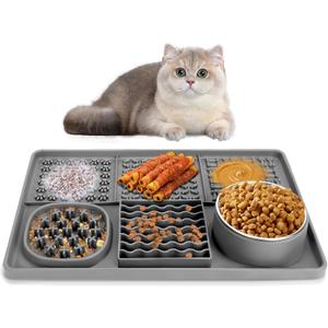 Dog Lick Mat for Small Dogs Cats, 13.8 x 9 Inches Silicone Slow Feeder Dog Licking Mat with Bowls, Peanut Butter Feeding Mat for Anxiety Relief, Reduce Boredom, Improve Eating Habit (Grey)