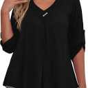 FOLUNSI Womens Plus Size 3/4 Roll Sleeve Blouses V Neck Casual Tunic Tops (Black, L)