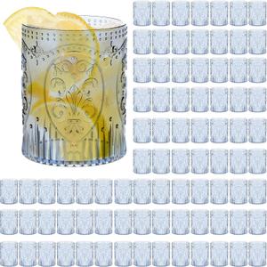 Qinyoung 100 Plastic Vintage Drinking Glasses 8.5oz Stemless Retro Embossed Wine Glasses Shatterproof Reusable Cups for Baby Shower Wedding Reception Grand Event Party (Blue), 2.8 inch mouth diameter and 3.5 inch height