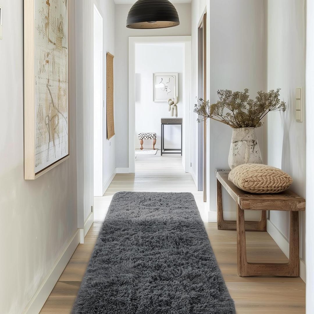 Ophanie Runner Rug for Hallway, 2x6 Bedroom Grey Bedside Rugs, Non Slip Fluffy Soft Shaggy Carpet for Kids Girls Boys Home Decor Aesthetic, Dorm Nursery Gray