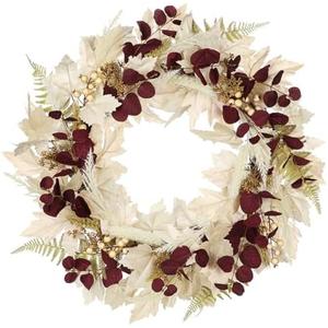 Fall Wreath for Front Door 24"-26" Artificial Maple Leaf Wreath with Burgundy Eucalyptus Beige Pampas Grass Berries Autumn Wreaths for Home Farmhouse Thanksgiving Harvest Halloween Fall Decor