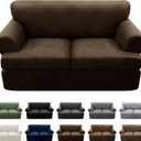 3-Pieces T Cushion Loveseat Slipcovers Leather Look Couch Cover Loveseat Covers for 2 Cushion Couch Furniture Protector Stretch Sofa Cover with 2 Individual T Cushion Seat Covers, Coffee