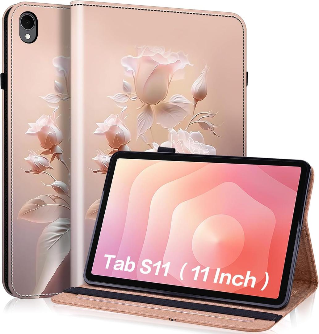 Case for Samsung Galaxy Tab S11 11 Inch, PU Leather Tablet Cases Flip Folio Multi-Angle Viewing Stand Protective Cover with Card Slots - Ceramic Roses