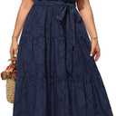 Plus Size Chiffon Off The Shoulder Maxi Long Floral Summer Casual Beach Boho Sundress Women 2024, Size 20W, Navy Blue,