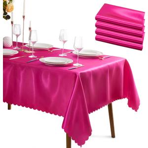 KKJIAF 4 Packs Hot Pink Satin Tablecloth 58" x 102" Rectangle Bright Silky Smooth Satin Table Cover for Wedding Party Banquet Decoration