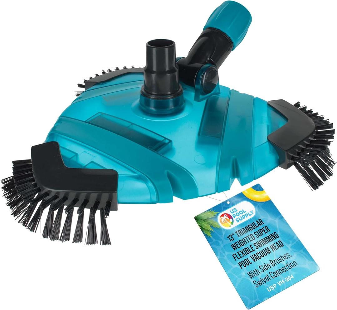 U.S. Pool Supply Professional 13" Triangular Weighted Super Flexible Swimming Pool Vacuum Head with Side Brushes, Swivel Connection - Above-Ground & Inground Swimming Pools, Secure Lock Pole Handle