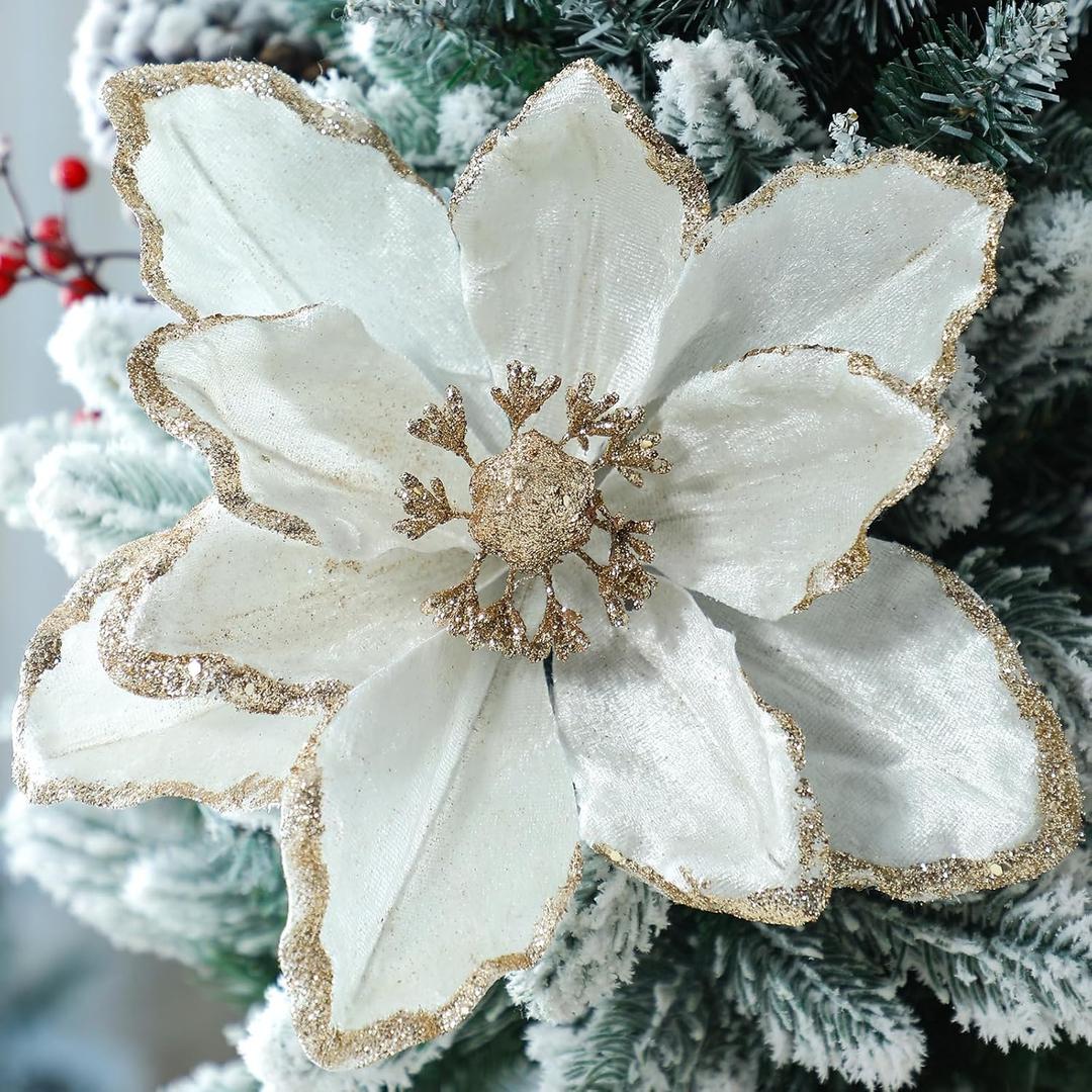 Thiccywoov 8 Pcs Large Christmas Flower Magnolia Flowers Christmas Tree Decoration Artificial Poinsettia Stems Velvet Xmas Ornaments for Xmas Tree Table Decor(White, 12 Inch)