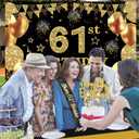 61st Birthday Decorations Men Women with 61st Birthday Banner, Black and Gold Table Cloth, Number Balloons, Large Sash, Cake Topper and Candles