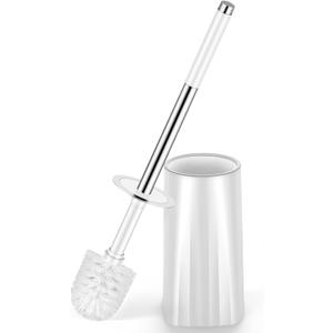 Toilet Brush and Holder Set, Compact Toilet Bowl Brush with Stainless Steel Handle, Hard Bristles, Drip-Proof, Easy to Assemble, Deep Cleaning White (1 Pack)