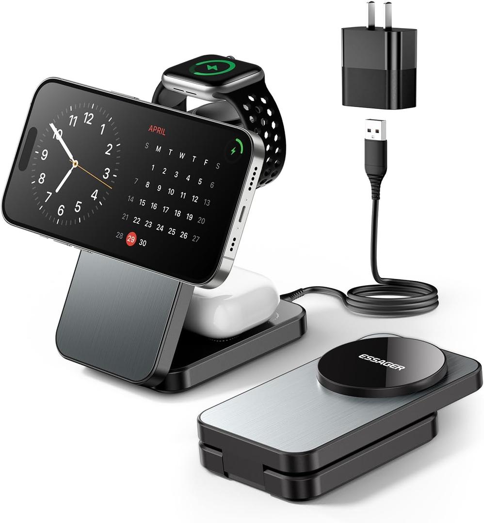 ESSAGER 3 in 1 Foldable Travel Wireless Charger Compatible with iPhone 16/15/14/13/12 Series, 15W Magnetic Wireless Charging Station for Desk for Airpods 4/3/2/Pro, iWatch with 20W Adapter