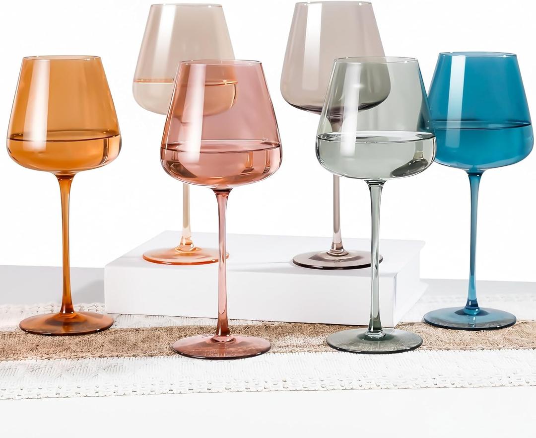 Colored Glasses Set of 6, Hand Blown Large Colorful Glass 18Oz, Lead-Free Premium Crystal Long Stem and Thanksgiving Glass, Valentine's Day and New Year gifts