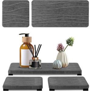 2PCS Water Absorbing Stone Tray, Fast Drying Stone Sink Tray, Stones Soap Trays, Water Absorbent Diatomite Trays, Diatomite Coasters for Kitchen Sink Bathroom Counter, Hand Soap Dish & Holders (1pcs 2110cm + 2pcs 1010cm Dark Gray Wave)