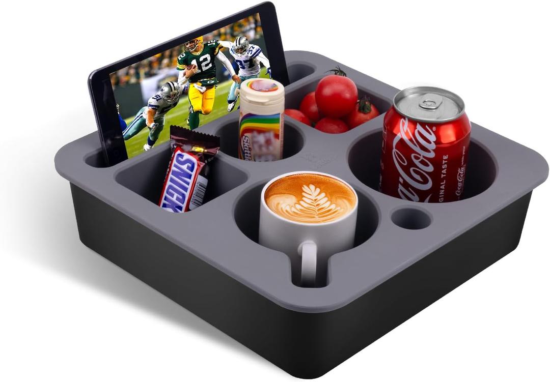 Couch Cup Holder Tray, Bonfixe Stable Couch Caddy for Bed and Sofa, Upgraded Capacity Health-Friendly Silicone Anti-Spill Drink Holder Organizer for Snacks Beverage (Black-Gray)
