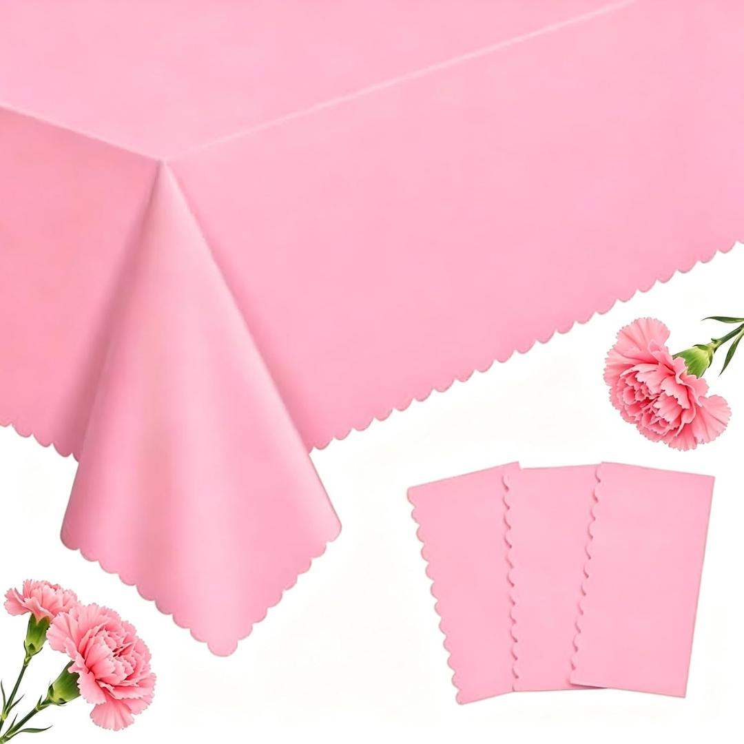 3 Pack Plastic Pink Tablecloth, 54 X 108Inch Spring Table Cloth Scalloped Mother's Day Tablecloths for Rectangle Tables Disposable Table Cover for Birthday Baby Shower Tea Party Wedding Bridal Picnic