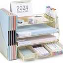 Desk Organizer with File Holder, 4-Tier Letter Paper Tray Organizer with Drawer and 2 Pen Holder, Mesh File Organizer and Storage for Office Desk Organization and Accessories - Gold